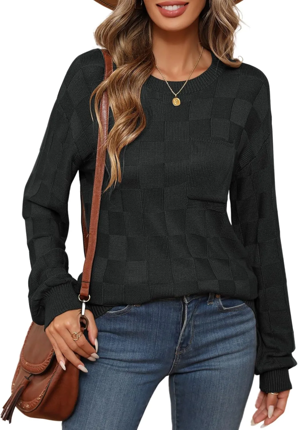 Womens Sweaters 2025 Fashion Trendy Long Sleeve Crewneck Checkered Sweater Knit Loose Pullover Sweater Tops