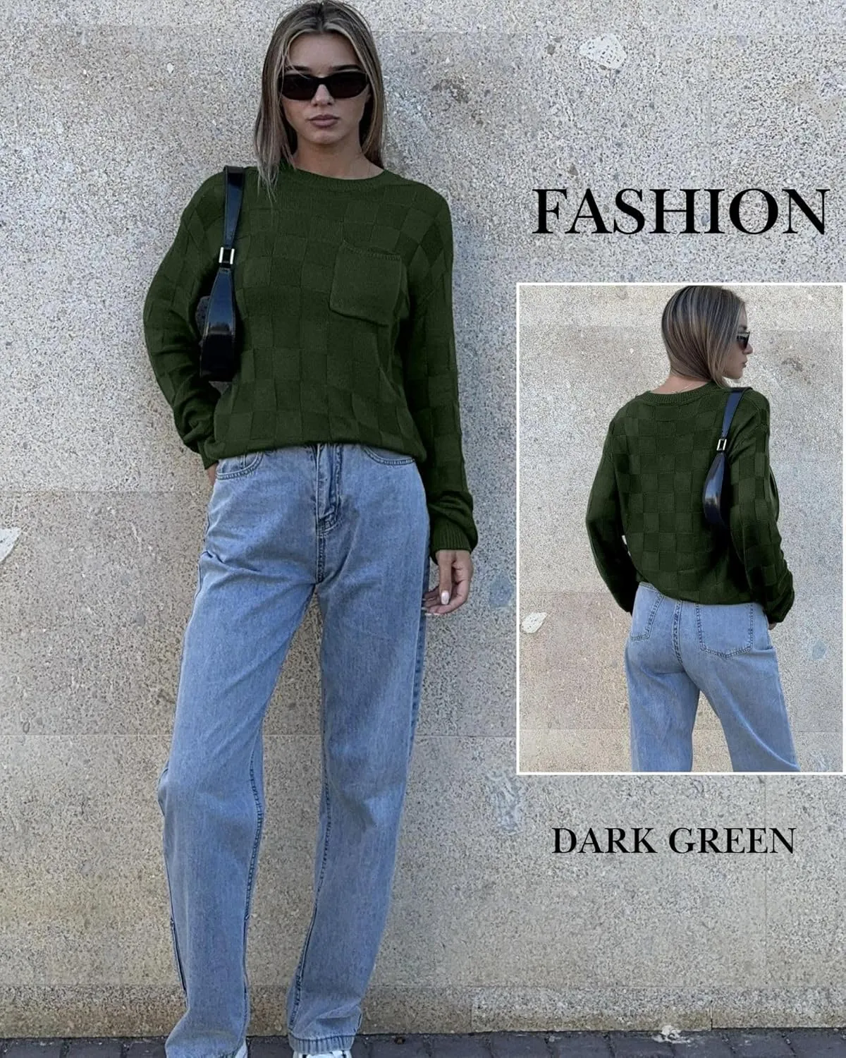 Womens Sweaters 2025 Fashion Trendy Long Sleeve Crewneck Checkered Sweater Knit Loose Pullover Sweater Tops