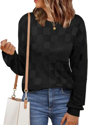 Womens Sweaters 2025 Fashion Trendy Long Sleeve Crewneck Checkered Sweater Knit Loose Pullover Sweater Tops