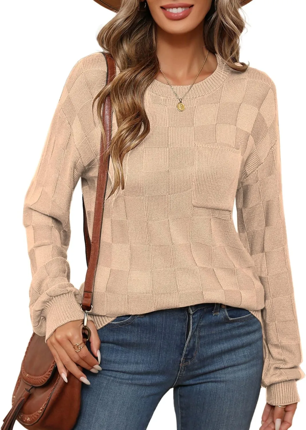 Womens Sweaters 2025 Fashion Trendy Long Sleeve Crewneck Checkered Sweater Knit Loose Pullover Sweater Tops