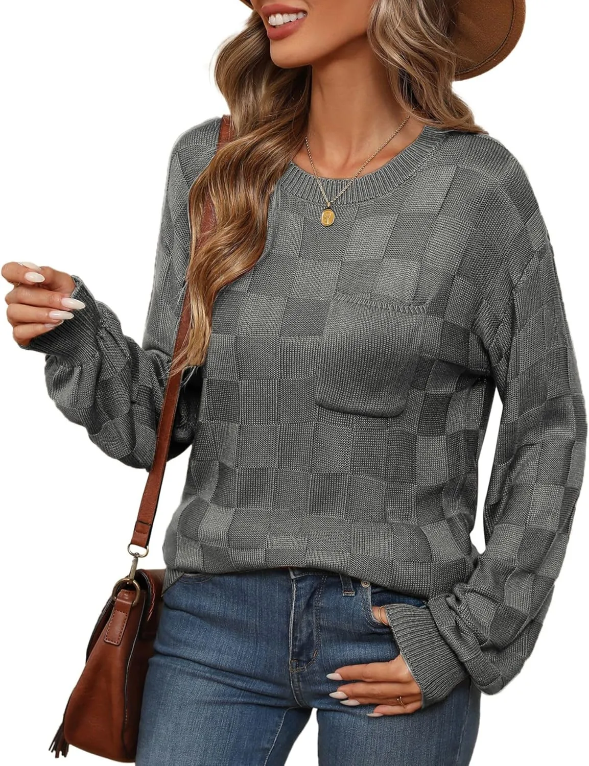 Womens Sweaters 2025 Fashion Trendy Long Sleeve Crewneck Checkered Sweater Knit Loose Pullover Sweater Tops