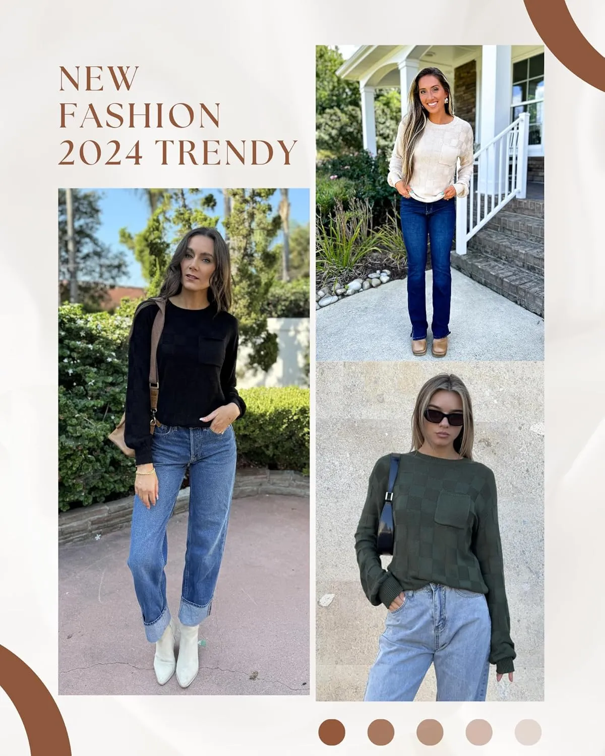 Womens Sweaters 2025 Fashion Trendy Long Sleeve Crewneck Checkered Sweater Knit Loose Pullover Sweater Tops