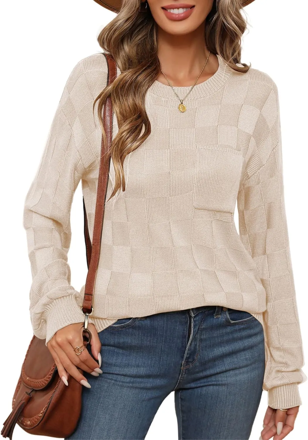 Womens Sweaters 2025 Fashion Trendy Long Sleeve Crewneck Checkered Sweater Knit Loose Pullover Sweater Tops