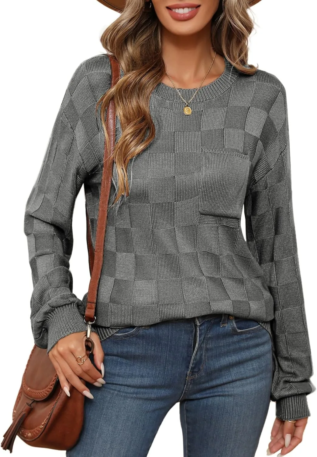 Womens Sweaters 2025 Fashion Trendy Long Sleeve Crewneck Checkered Sweater Knit Loose Pullover Sweater Tops