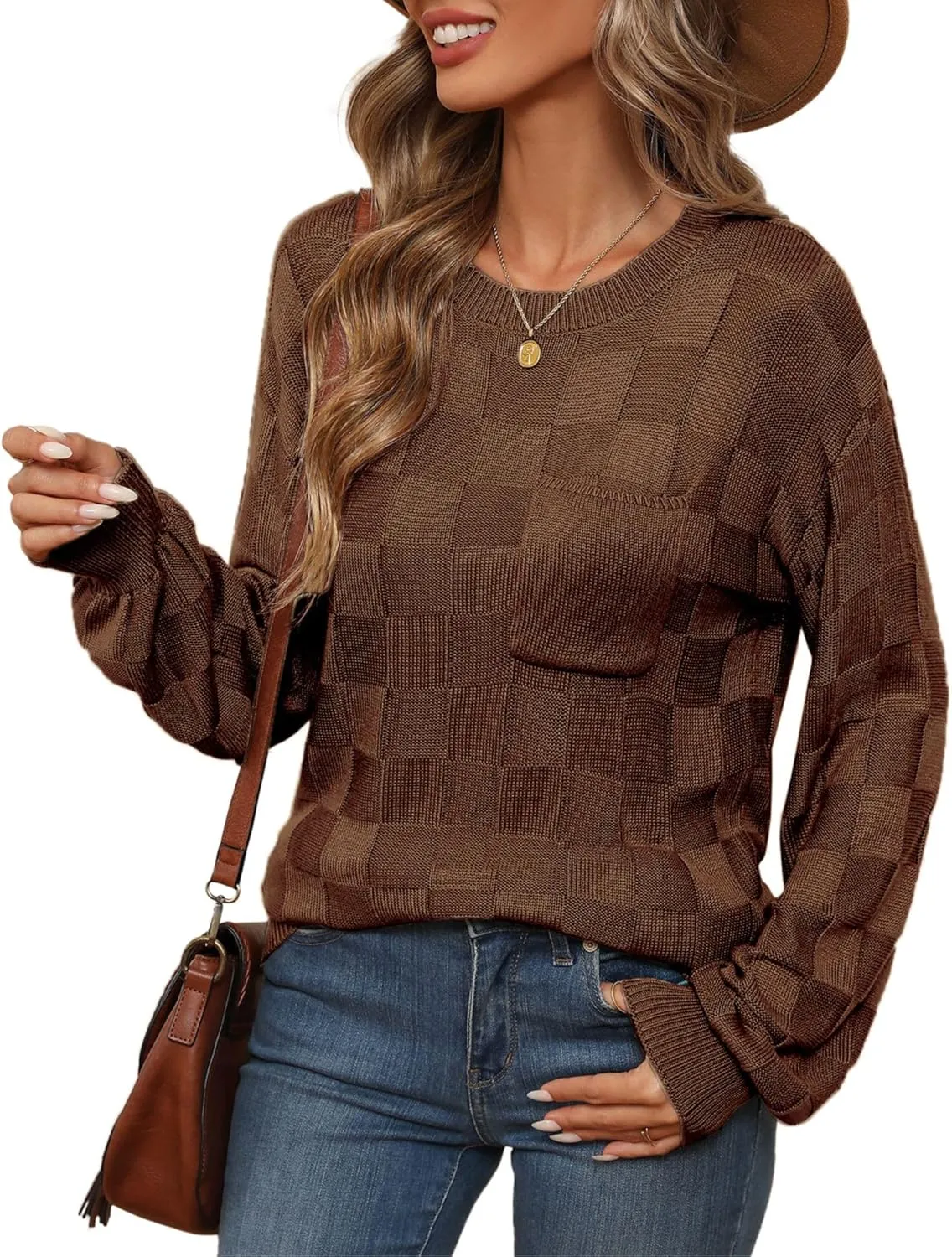 Womens Sweaters 2025 Fashion Trendy Long Sleeve Crewneck Checkered Sweater Knit Loose Pullover Sweater Tops