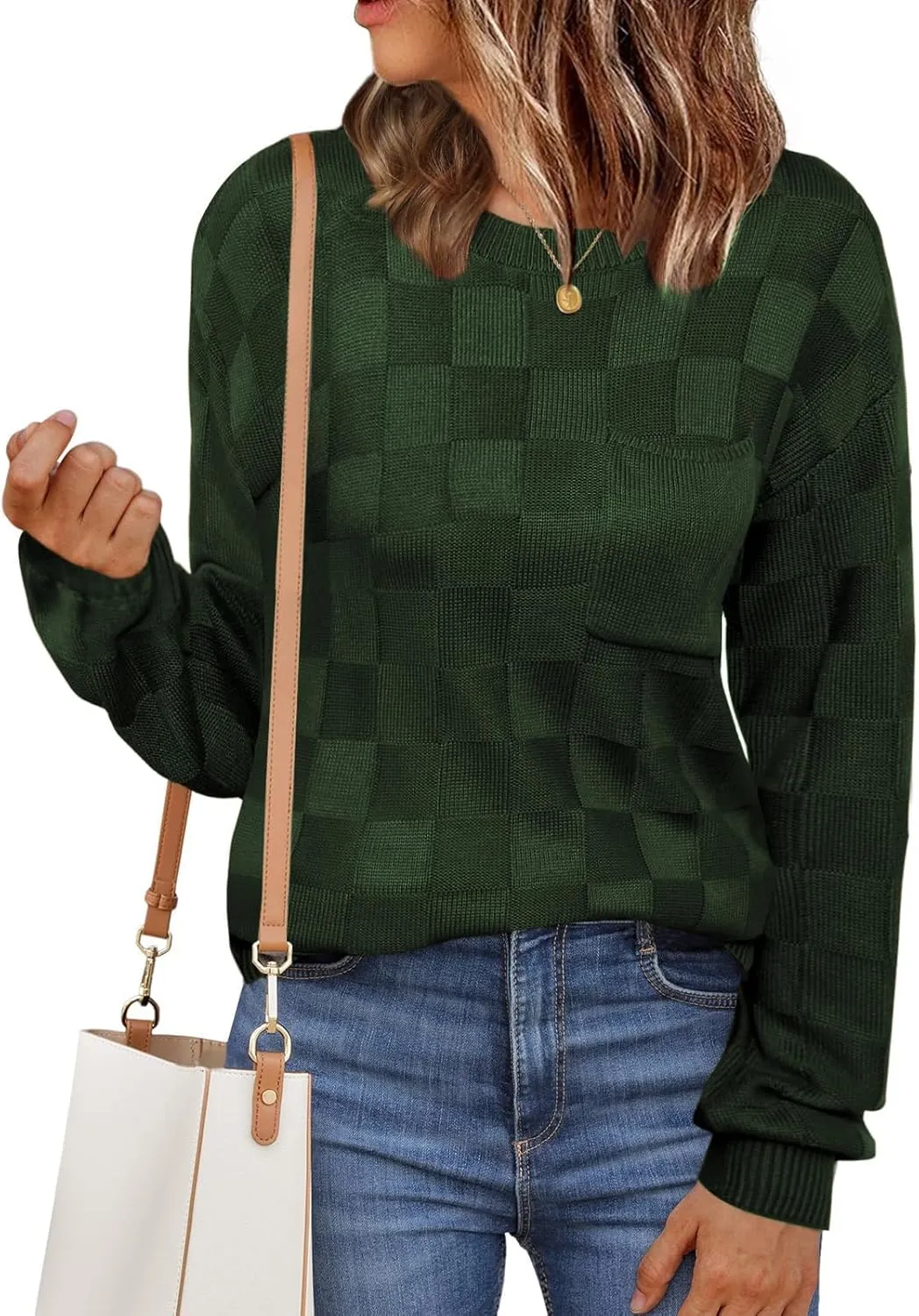 Womens Sweaters 2025 Fashion Trendy Long Sleeve Crewneck Checkered Sweater Knit Loose Pullover Sweater Tops