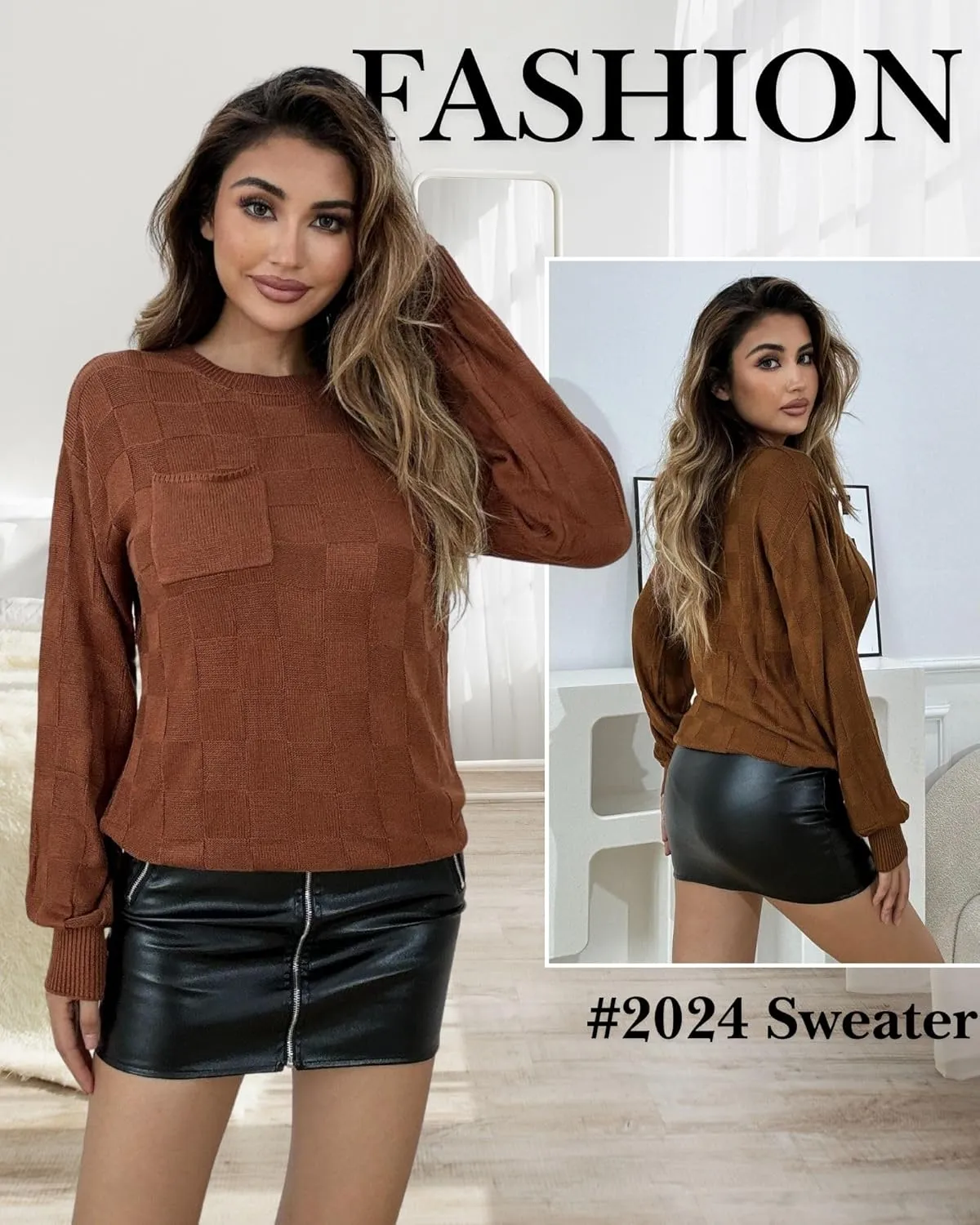 Womens Sweaters 2025 Fashion Trendy Long Sleeve Crewneck Checkered Sweater Knit Loose Pullover Sweater Tops