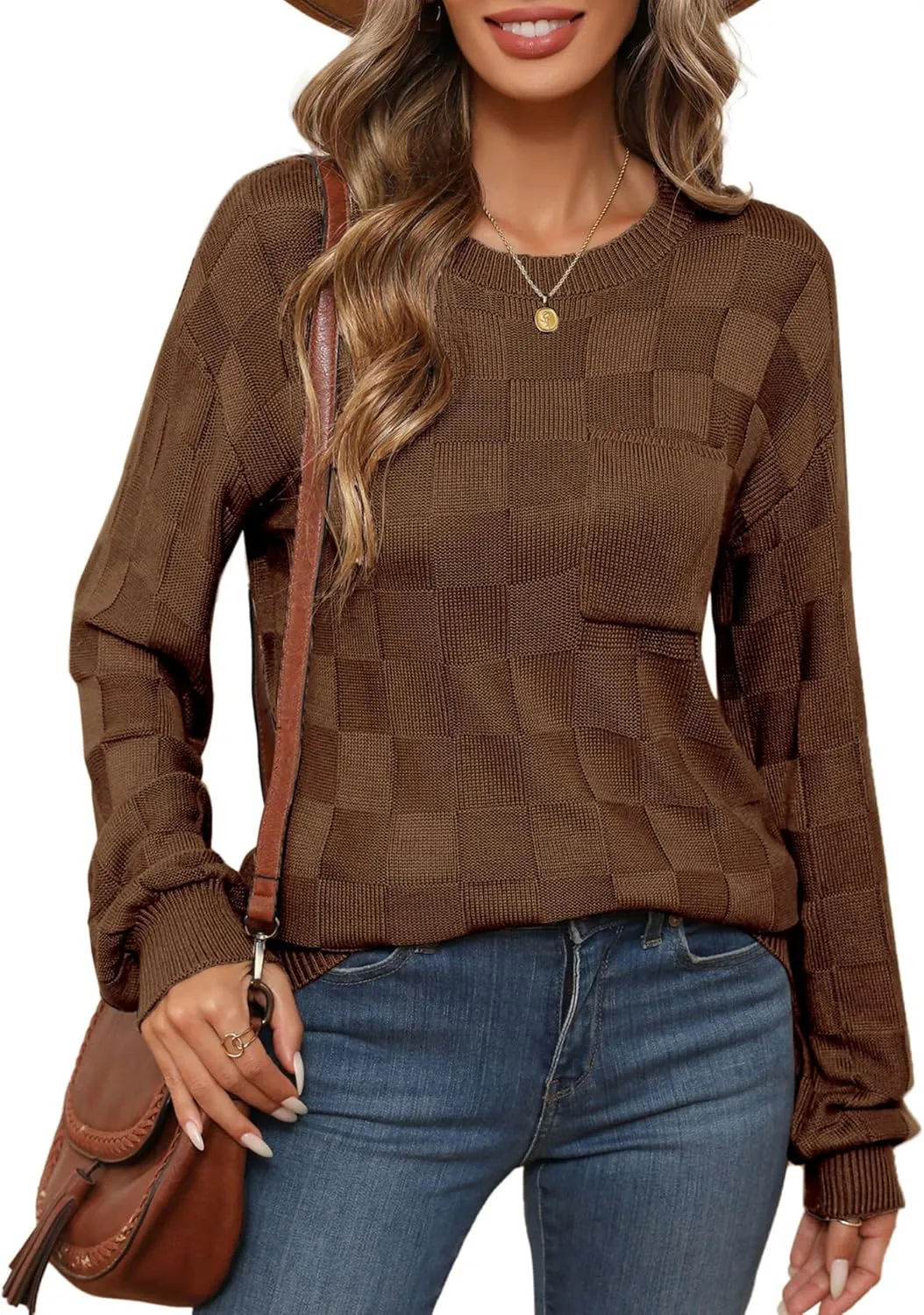 Womens Sweaters 2025 Fashion Trendy Long Sleeve Crewneck Checkered Sweater Knit Loose Pullover Sweater Tops