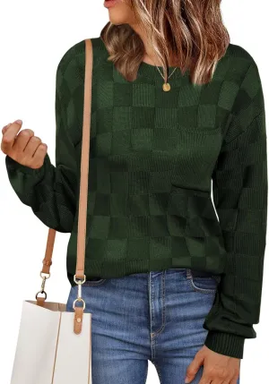 Womens Sweaters 2025 Fashion Trendy Long Sleeve Crewneck Checkered Sweater Knit Loose Pullover Sweater Tops