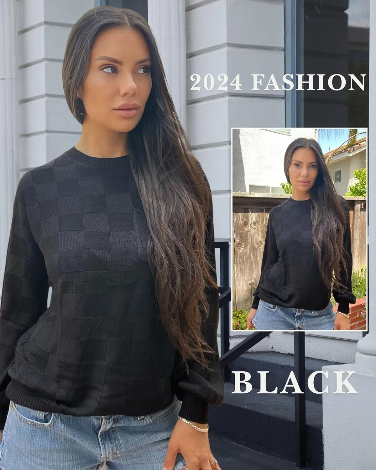 Womens Sweaters 2025 Fashion Trendy Long Sleeve Crewneck Checkered Sweater Knit Loose Pullover Sweater Tops