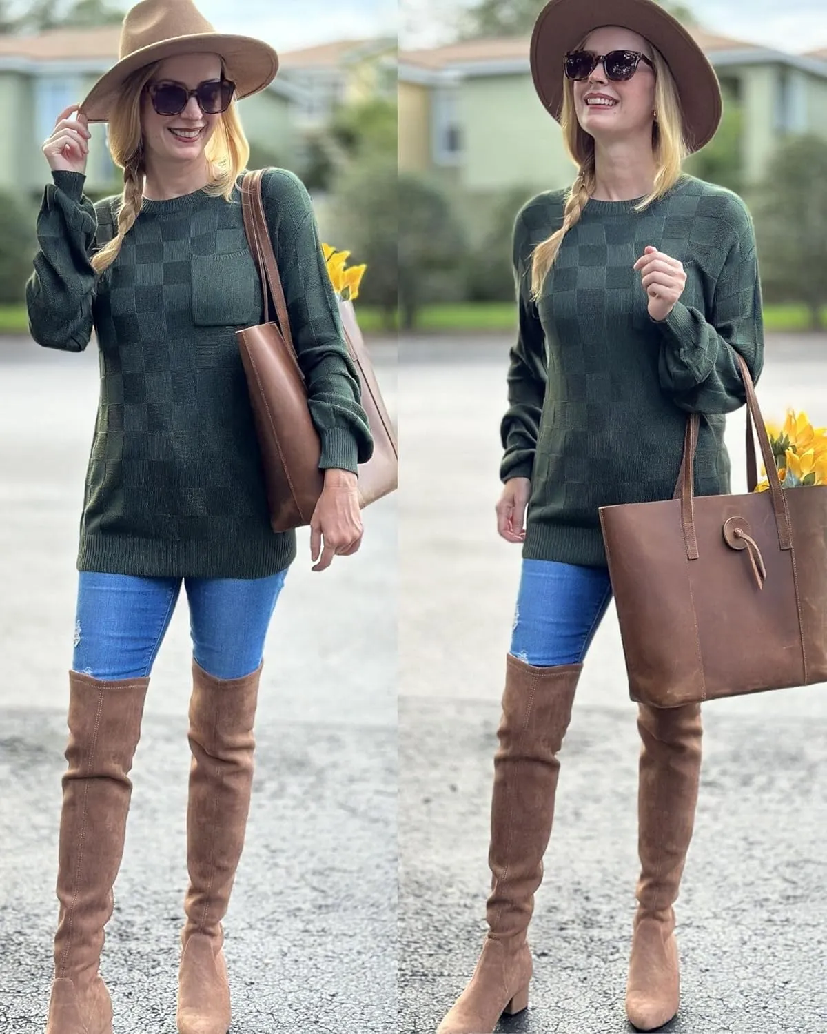 Womens Sweaters 2025 Fashion Trendy Long Sleeve Crewneck Checkered Sweater Knit Loose Pullover Sweater Tops