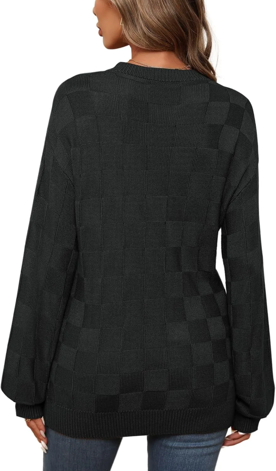Womens Sweaters 2025 Fashion Trendy Long Sleeve Crewneck Checkered Sweater Knit Loose Pullover Sweater Tops
