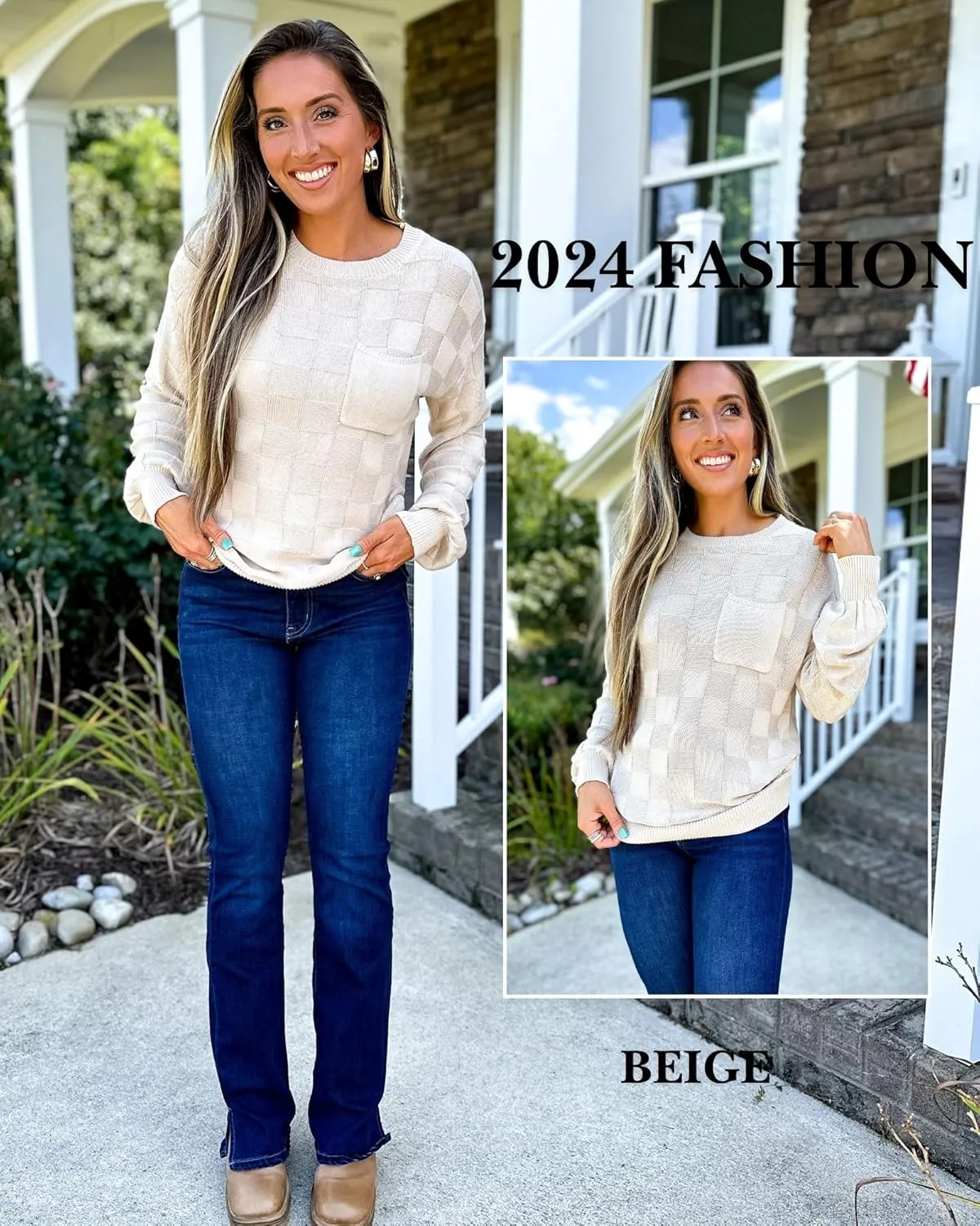 Womens Sweaters 2025 Fashion Trendy Long Sleeve Crewneck Checkered Sweater Knit Loose Pullover Sweater Tops