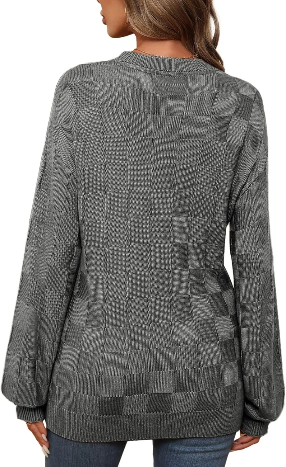 Womens Sweaters 2025 Fashion Trendy Long Sleeve Crewneck Checkered Sweater Knit Loose Pullover Sweater Tops