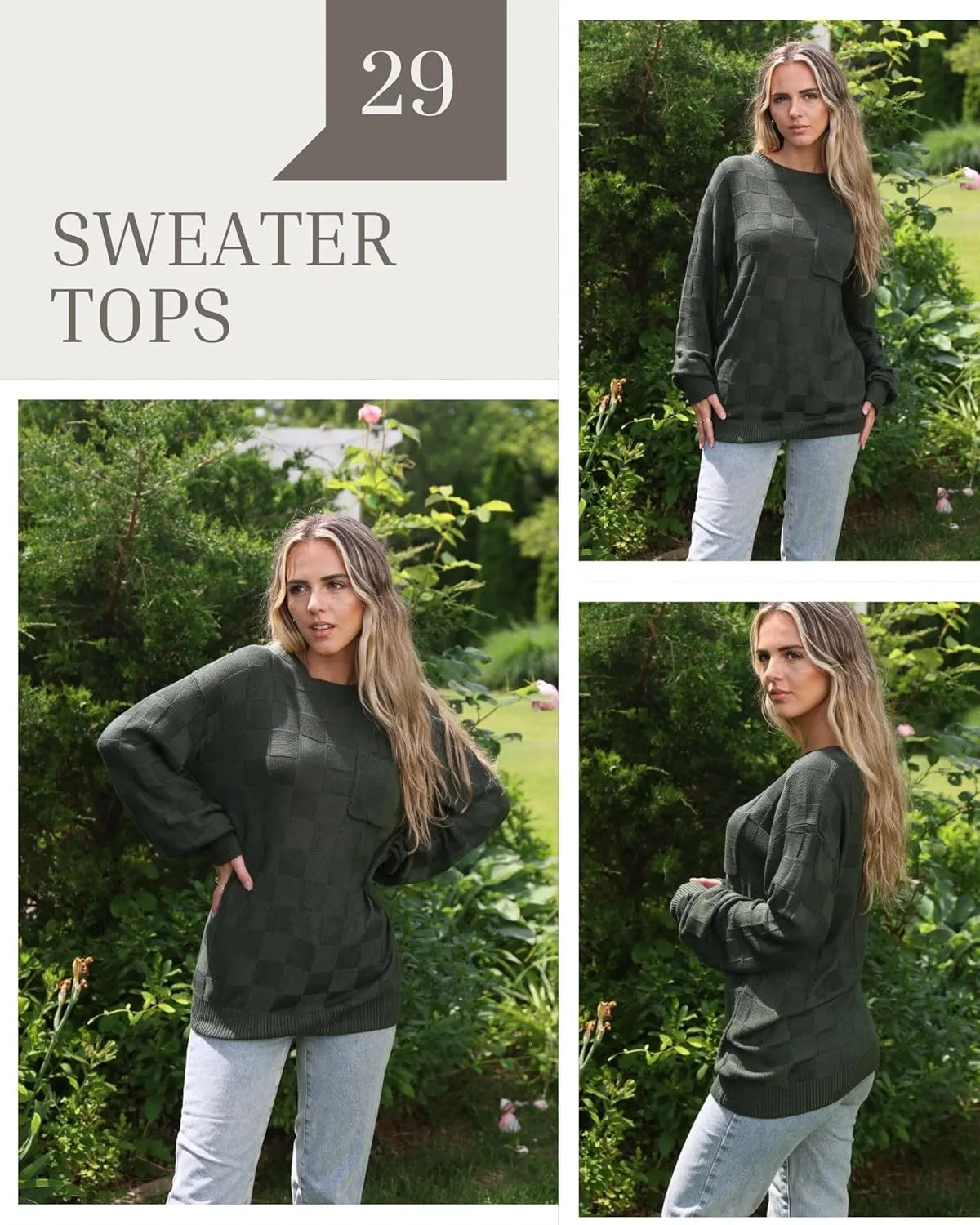 Womens Sweaters 2025 Fashion Trendy Long Sleeve Crewneck Checkered Sweater Knit Loose Pullover Sweater Tops