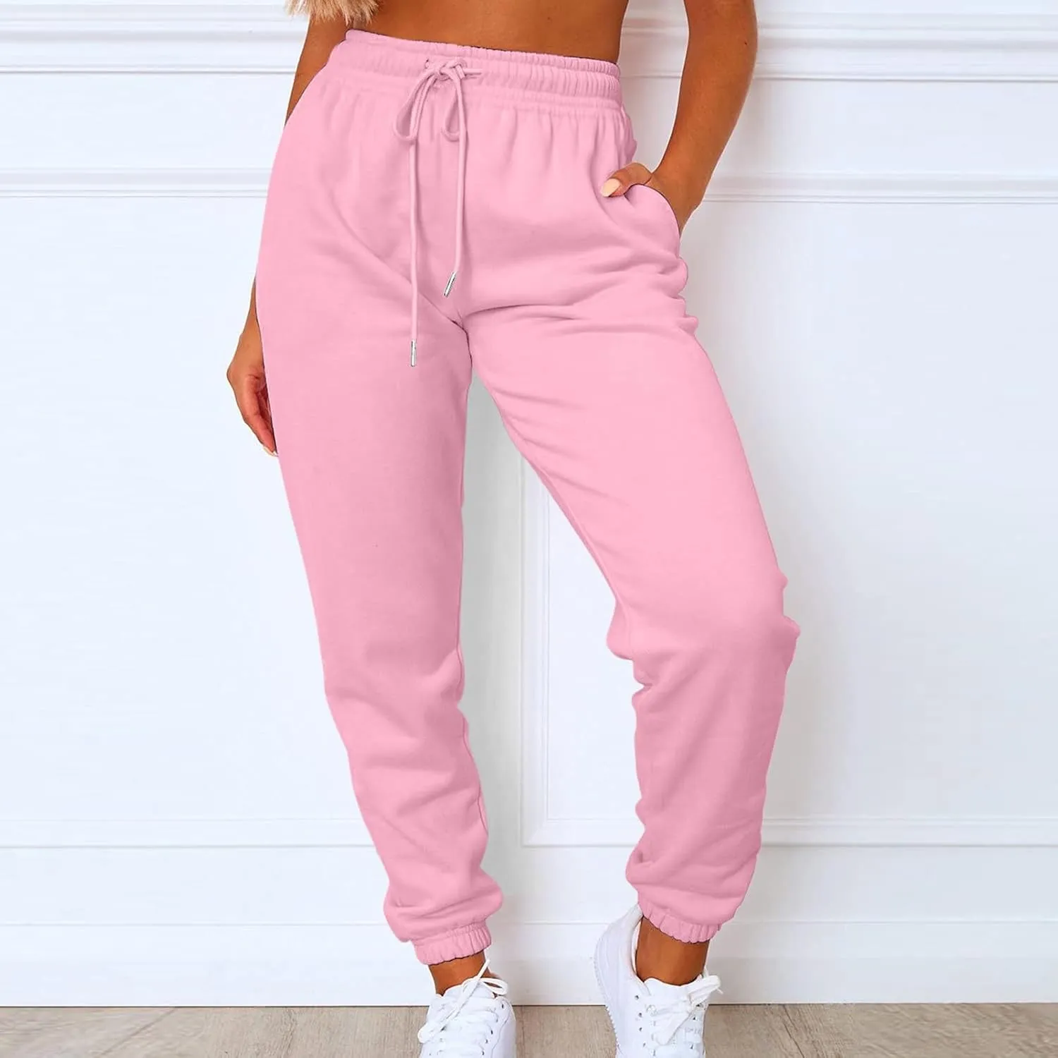 Womens Sweatpants Cinch Bottom Fleece Elastic High Waisted Joggers with Pockets Drawstring Workout Lounge Trousers