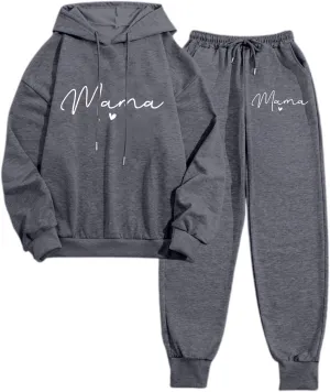Womens Sweatsuits 2 Piece Lounge Set Mama Heart Print Hooded Sweatshirt Jogger Sweatpants Tracksuit with Pockets