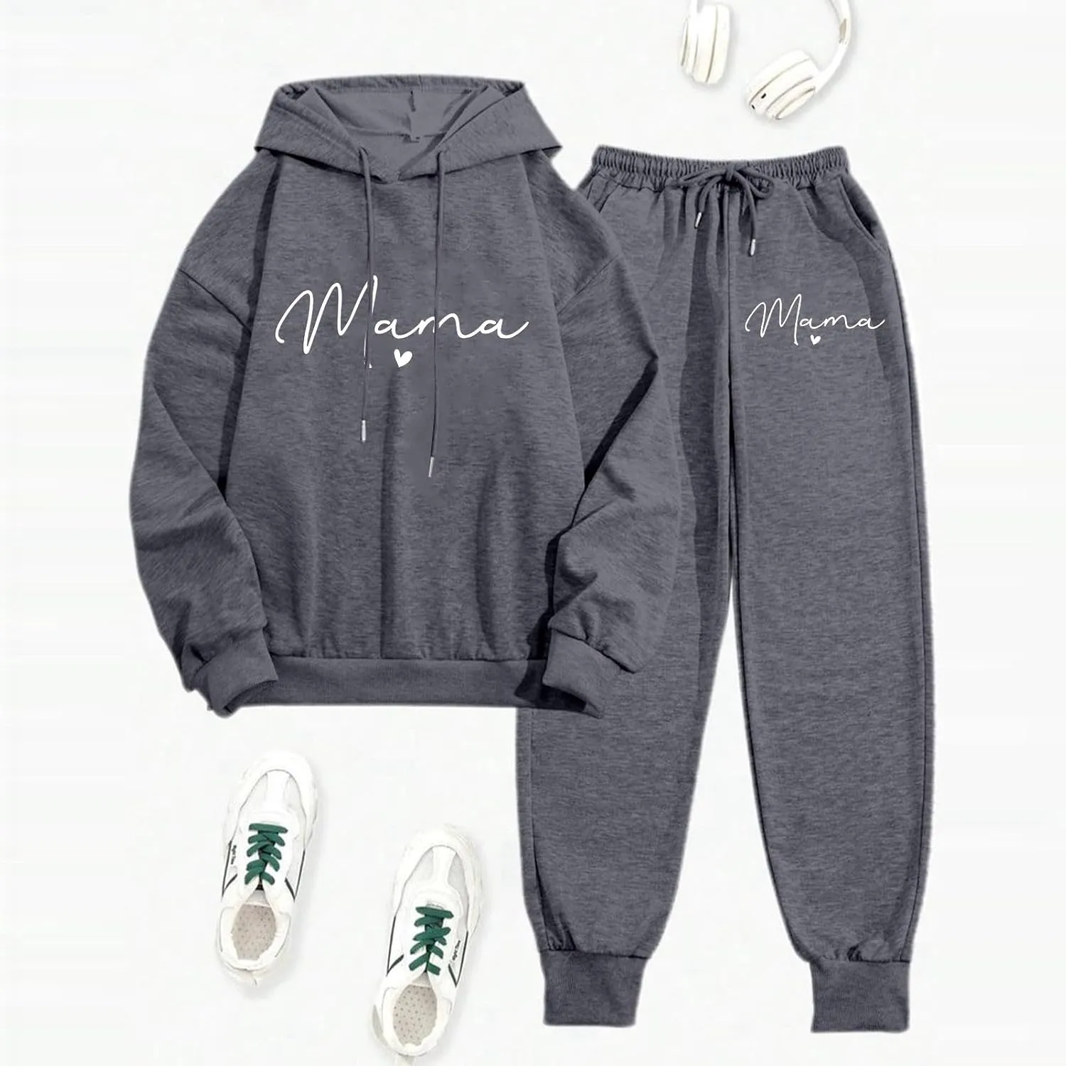 Womens Sweatsuits 2 Piece Lounge Set Mama Heart Print Hooded Sweatshirt Jogger Sweatpants Tracksuit with Pockets