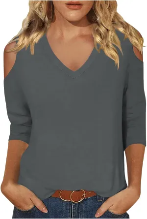 Womens V Neck Cold Shoulder 3/4 Sleeve Tops Casual Shirt Dressy Blouse Trendy Tshirts Gifts for Her Fashion Cothes Tee