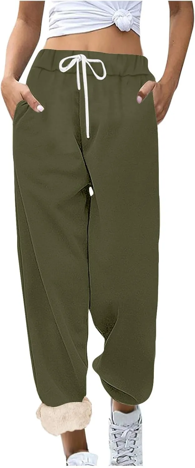 Womens Warm Sherpa Lined Sweatpants Drawstring Elastic Fleece Joggers Pants Comfy Athletic Pants with Pockets