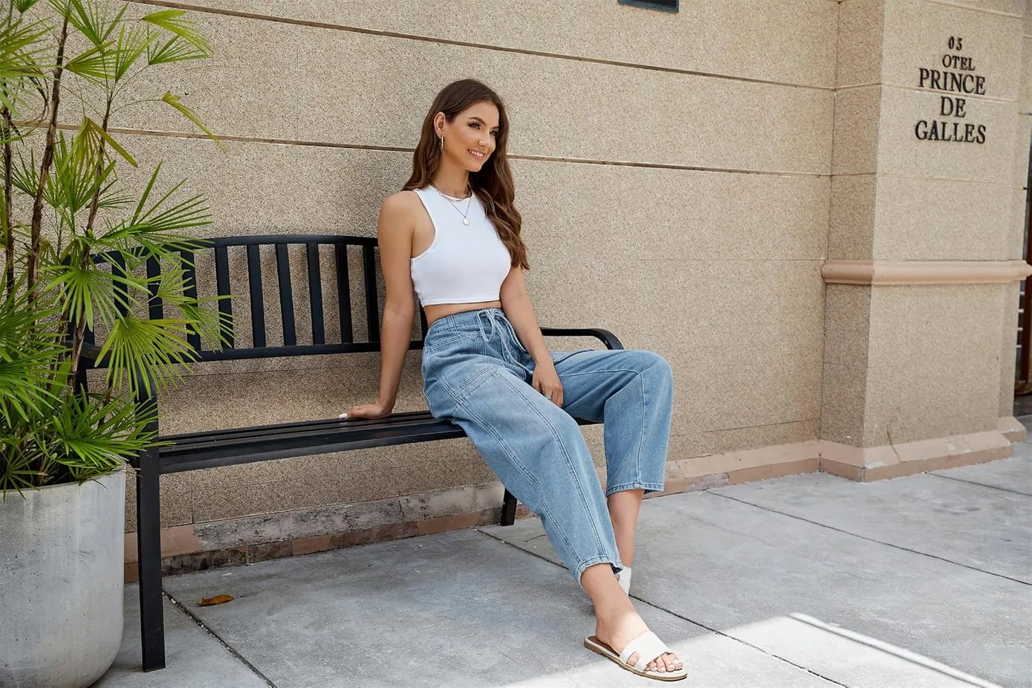 Women's Wide Leg Baggy Jeans Elastic Mid Rise Barrel Jean Loose Boyfriend Denim Pants with Drawstring