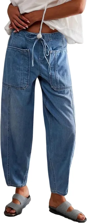 Women's Wide Leg Baggy Jeans Elastic Mid Rise Barrel Jean Loose Boyfriend Denim Pants with Drawstring