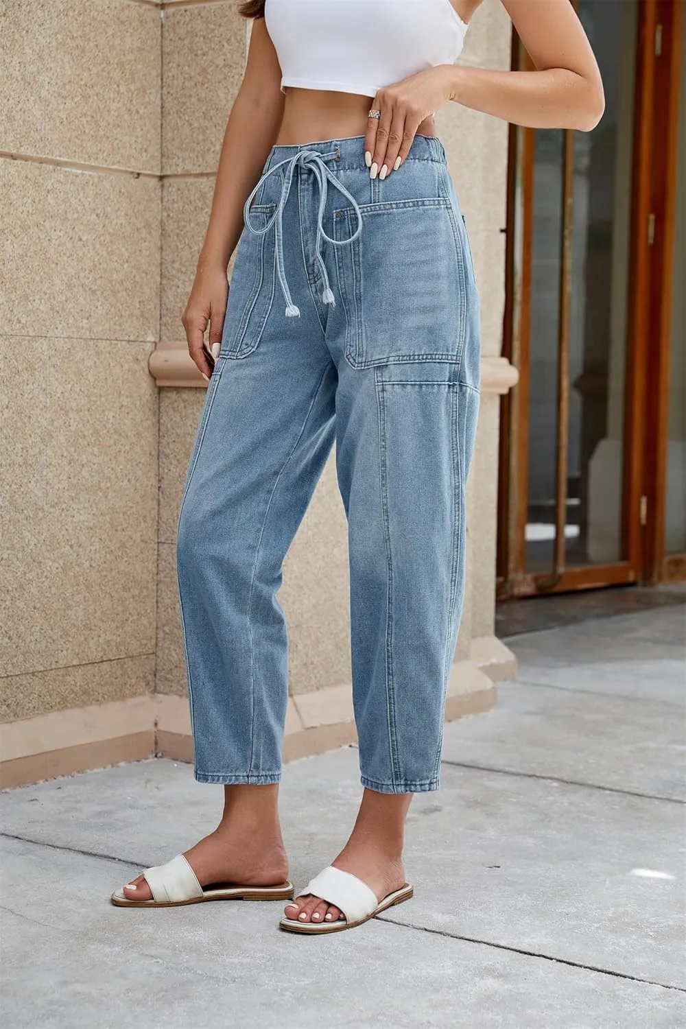 Women's Wide Leg Baggy Jeans Elastic Mid Rise Barrel Jean Loose Boyfriend Denim Pants with Drawstring