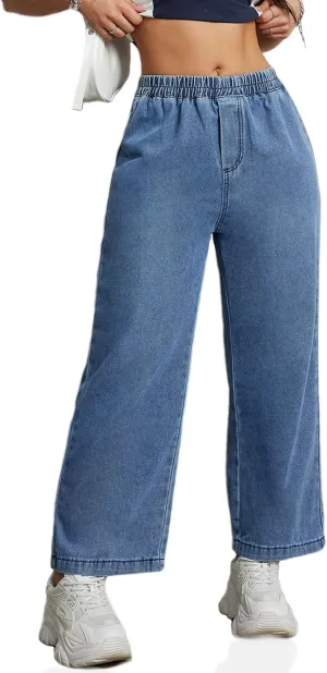 Womens Wide Leg Cropped Jeans 90s Elastic Waist Baggy Pull On Denim Pants for Woman 2024 Trendy