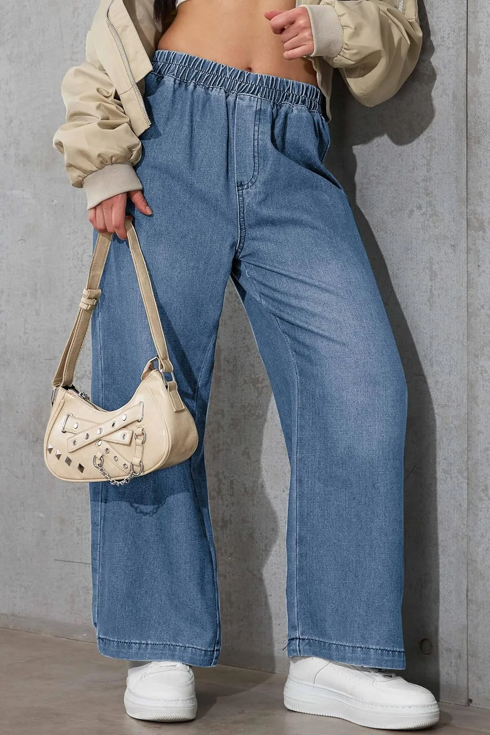 Womens Wide Leg Cropped Jeans 90s Elastic Waist Baggy Pull On Denim Pants for Woman 2024 Trendy