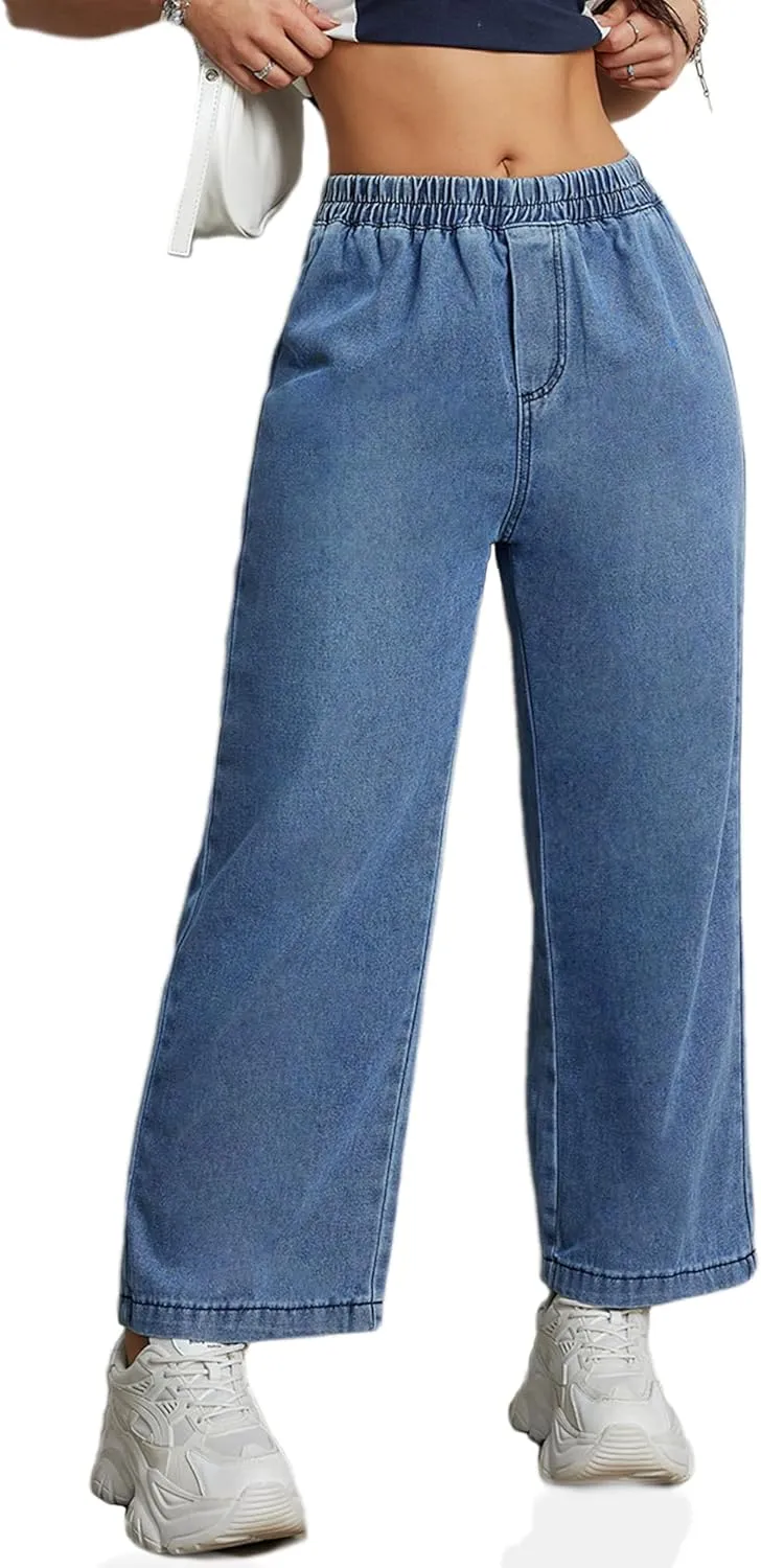 Womens Wide Leg Cropped Jeans 90s Elastic Waist Baggy Pull On Denim Pants for Woman 2024 Trendy