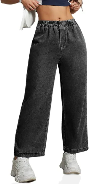 Womens Wide Leg Cropped Jeans 90s Elastic Waist Baggy Pull On Denim Pants for Woman 2024 Trendy