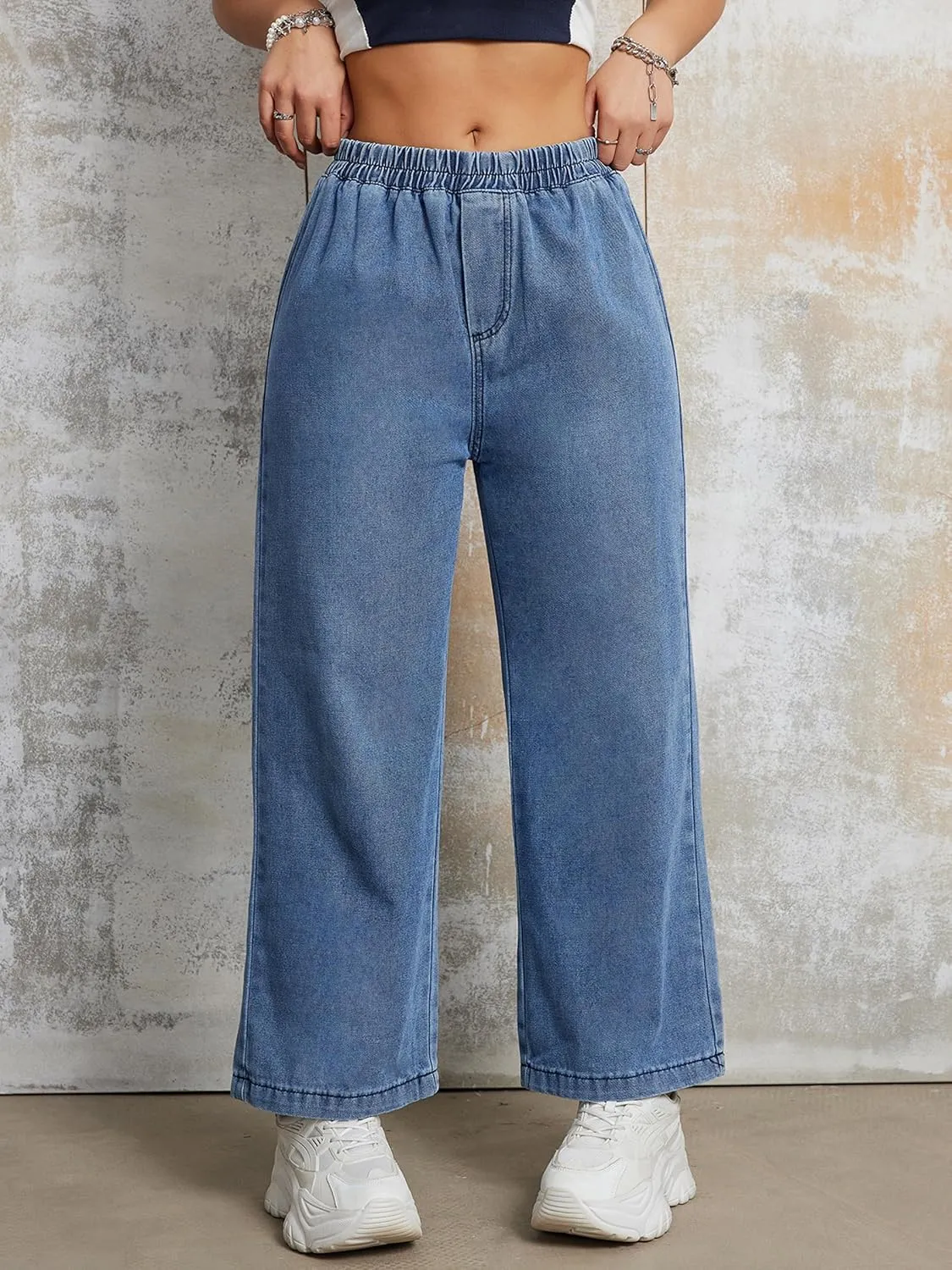 Womens Wide Leg Cropped Jeans 90s Elastic Waist Baggy Pull On Denim Pants for Woman 2024 Trendy