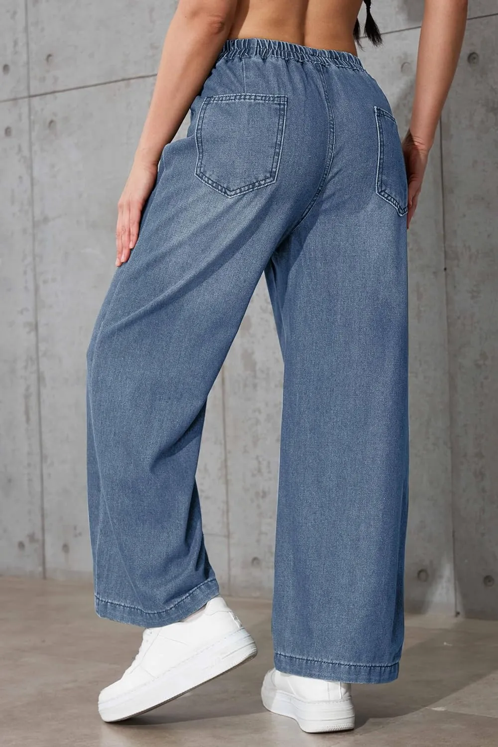 Womens Wide Leg Cropped Jeans 90s Elastic Waist Baggy Pull On Denim Pants for Woman 2024 Trendy