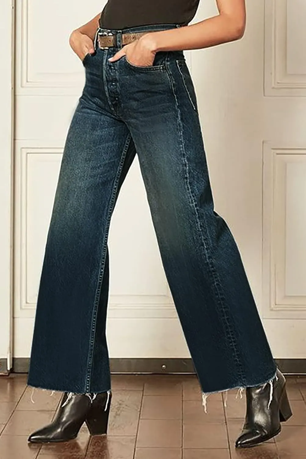 Women's Wide Leg Jeans 90S Vintage Zipper Fly Raw Hem Loose Fit Mid Rise Straight Leg Jeans for Women Denim Pants