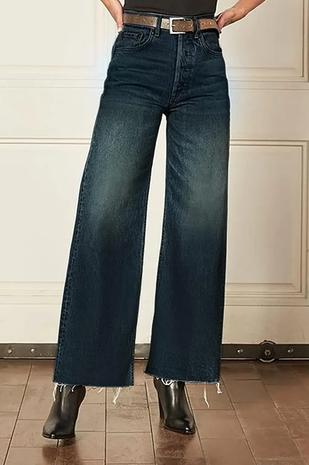 Women's Wide Leg Jeans 90S Vintage Zipper Fly Raw Hem Loose Fit Mid Rise Straight Leg Jeans for Women Denim Pants