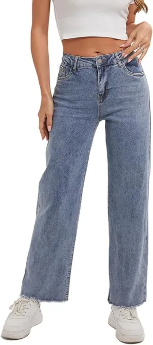 Women's Wide Leg Jeans 90S Vintage Zipper Fly Raw Hem Loose Fit Mid Rise Straight Leg Jeans for Women Denim Pants