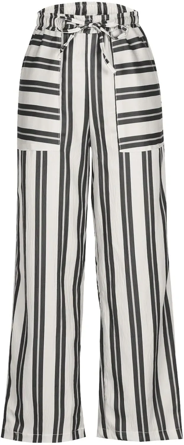 Womens Wide Leg Pants Drawstring Straight Leg Trousers Beach Vacation Loungewear Striped Pant with Pockets