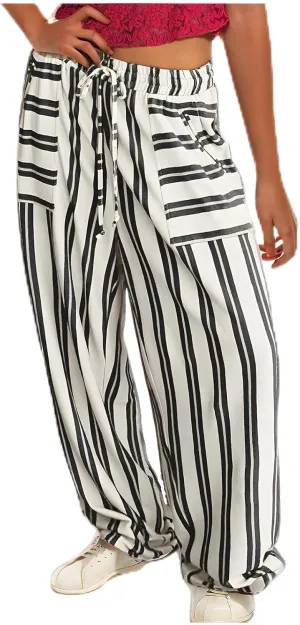 Womens Wide Leg Pants Drawstring Straight Leg Trousers Beach Vacation Loungewear Striped Pant with Pockets