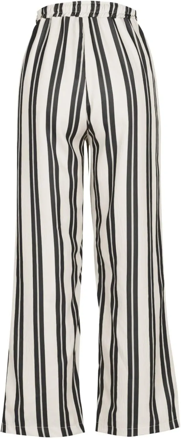 Womens Wide Leg Pants Drawstring Straight Leg Trousers Beach Vacation Loungewear Striped Pant with Pockets