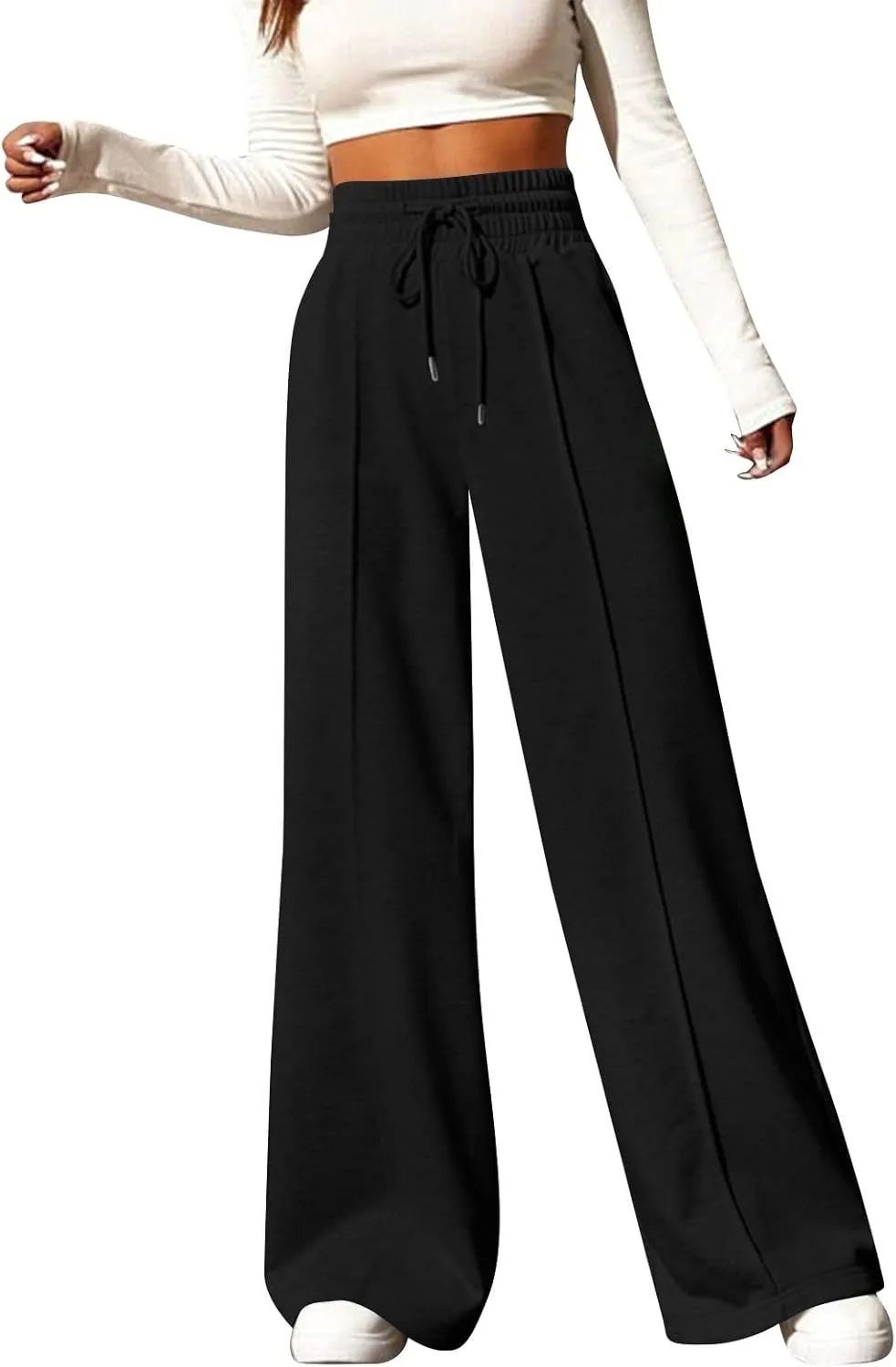 Womens Wide Leg Sweatpants Baggy Lounge Pants with Pockets Casual Comfy Drawstring High Waisted Fleece Joggers