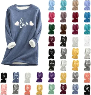 Women's Winter Warm Sherpa Lined Fleece Crewneck Letter Printed Sweatshirt Pullover Loungewear Tunic Tops