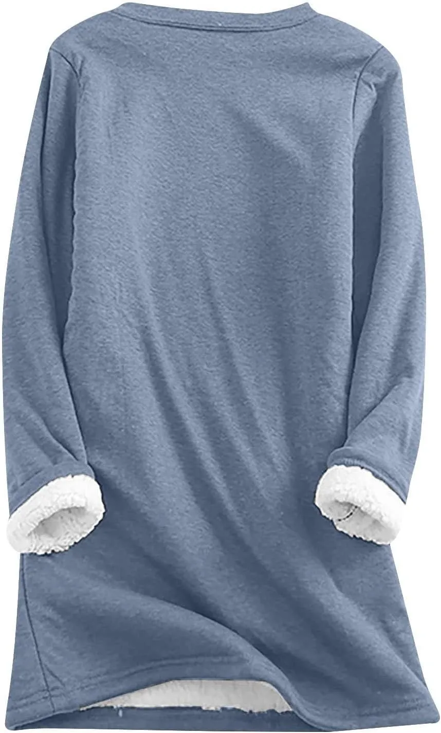 Women's Winter Warm Sherpa Lined Fleece Crewneck Letter Printed Sweatshirt Pullover Loungewear Tunic Tops