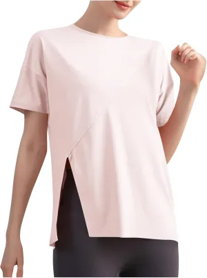 Women's Workout Soft Shirts Short Sleeve Crewneck Quick Dry Yoga T-Shirt Gym Athletic Tops Breathable Tee Side Slit