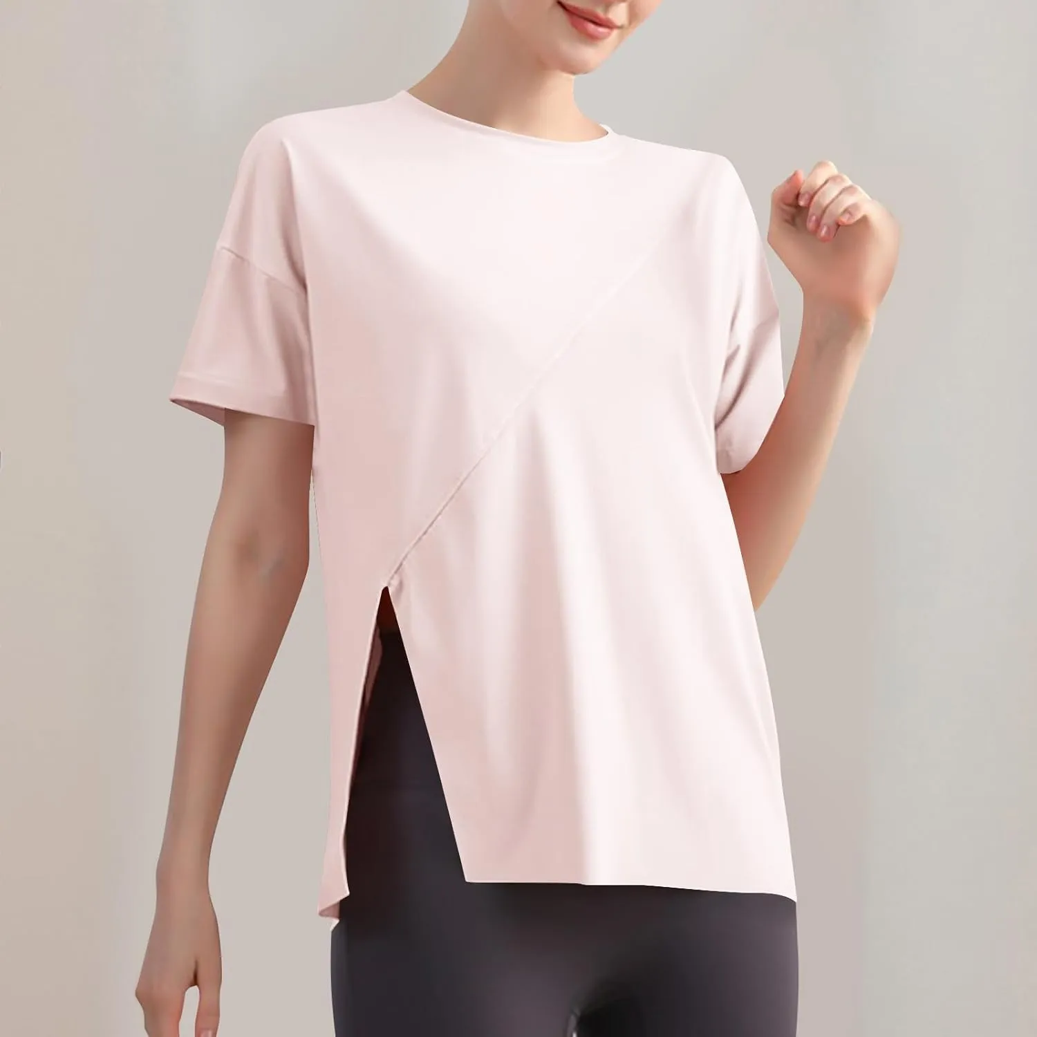 Women's Workout Soft Shirts Short Sleeve Crewneck Quick Dry Yoga T-Shirt Gym Athletic Tops Breathable Tee Side Slit