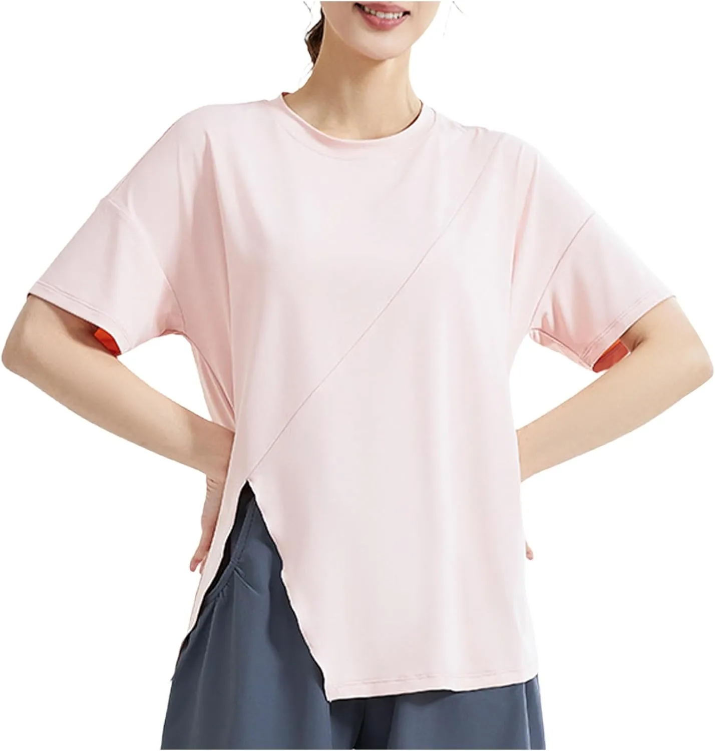 Women's Workout Soft Shirts Short Sleeve Crewneck Quick Dry Yoga T-Shirt Gym Athletic Tops Breathable Tee Side Slit