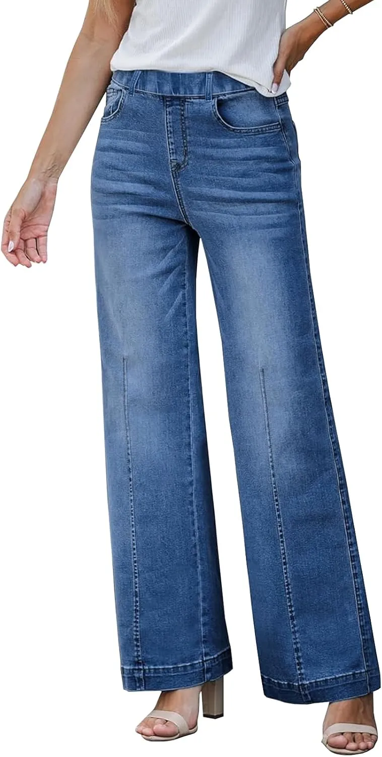 Women's Y2K High Waisted Stretch Wide Leg Baggy Jeans, Flattering Fit Boyfriend Style with Elastic Waistband, Breathable Denim for Casual & Business Occasions(Dark Blue,M)