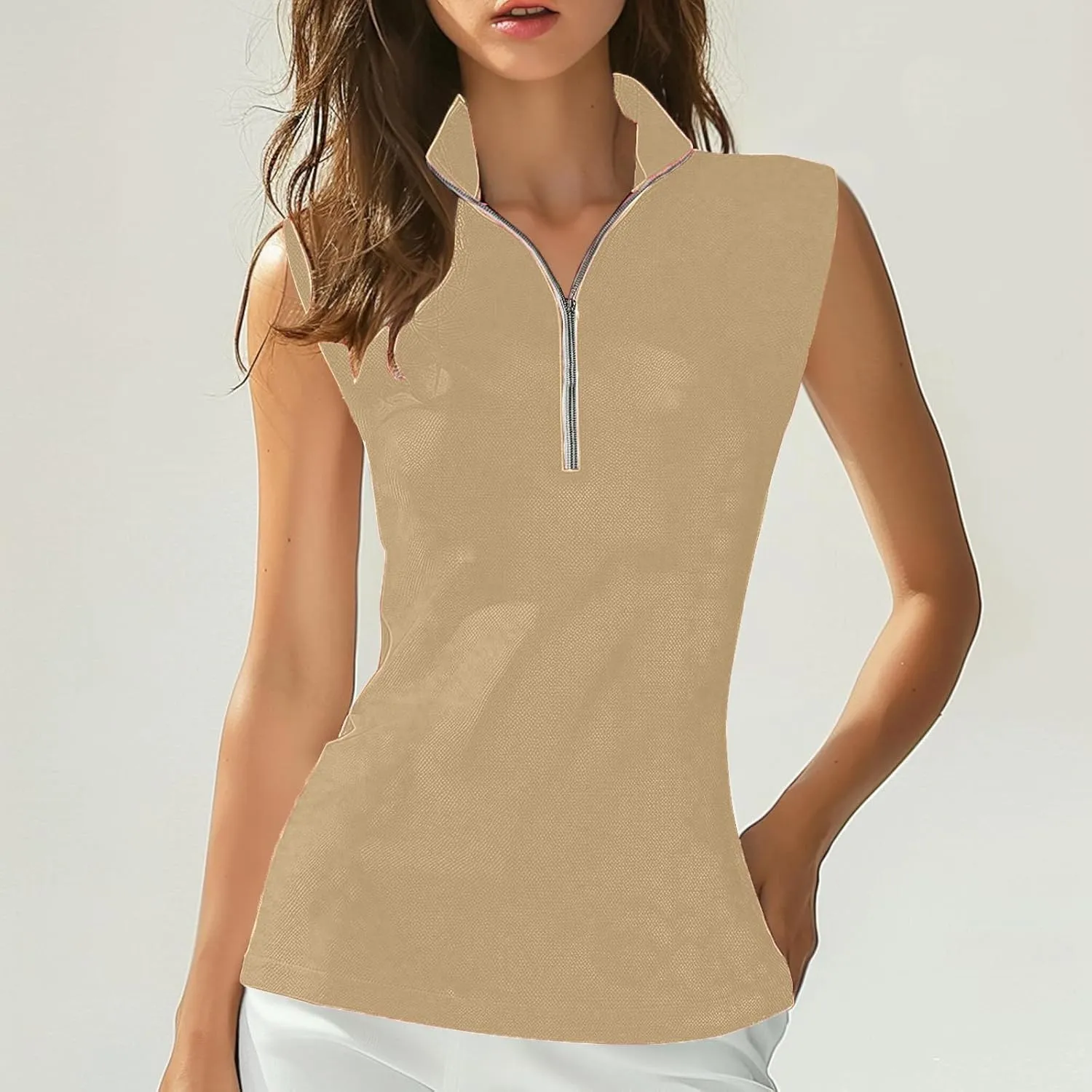 Women's Zip Up Tank Tops Sleeveless Golf Shirts Business Casual Tunics Top Mesh Athletic Workout Quick Dry Shirt
