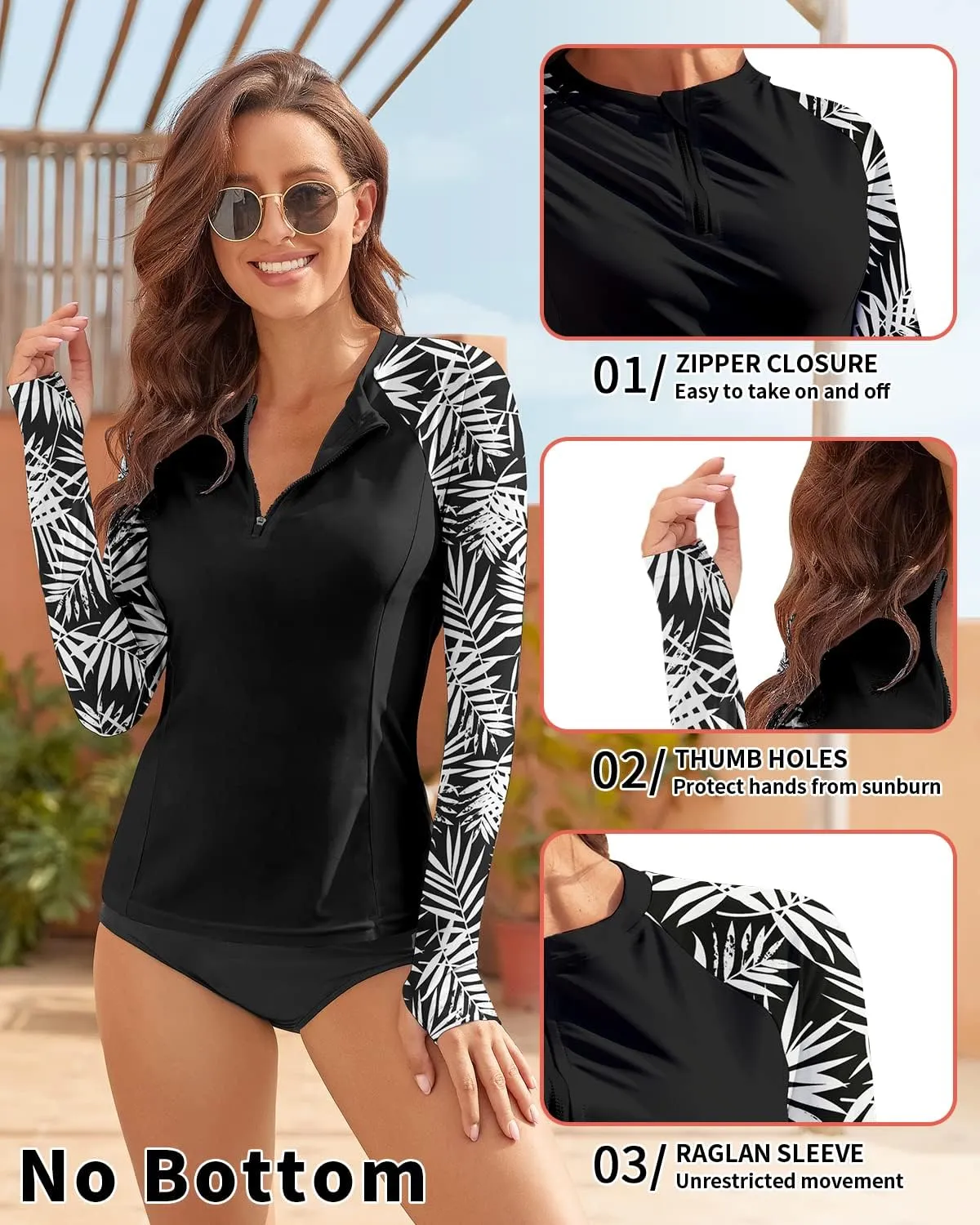 WOWENY Women's Rash Guard UPF 50  Long Sleeve Swim Shirts Thumb Holes UV Sun Protection Bathing Suit Swimsuit No Bottoms&Bras