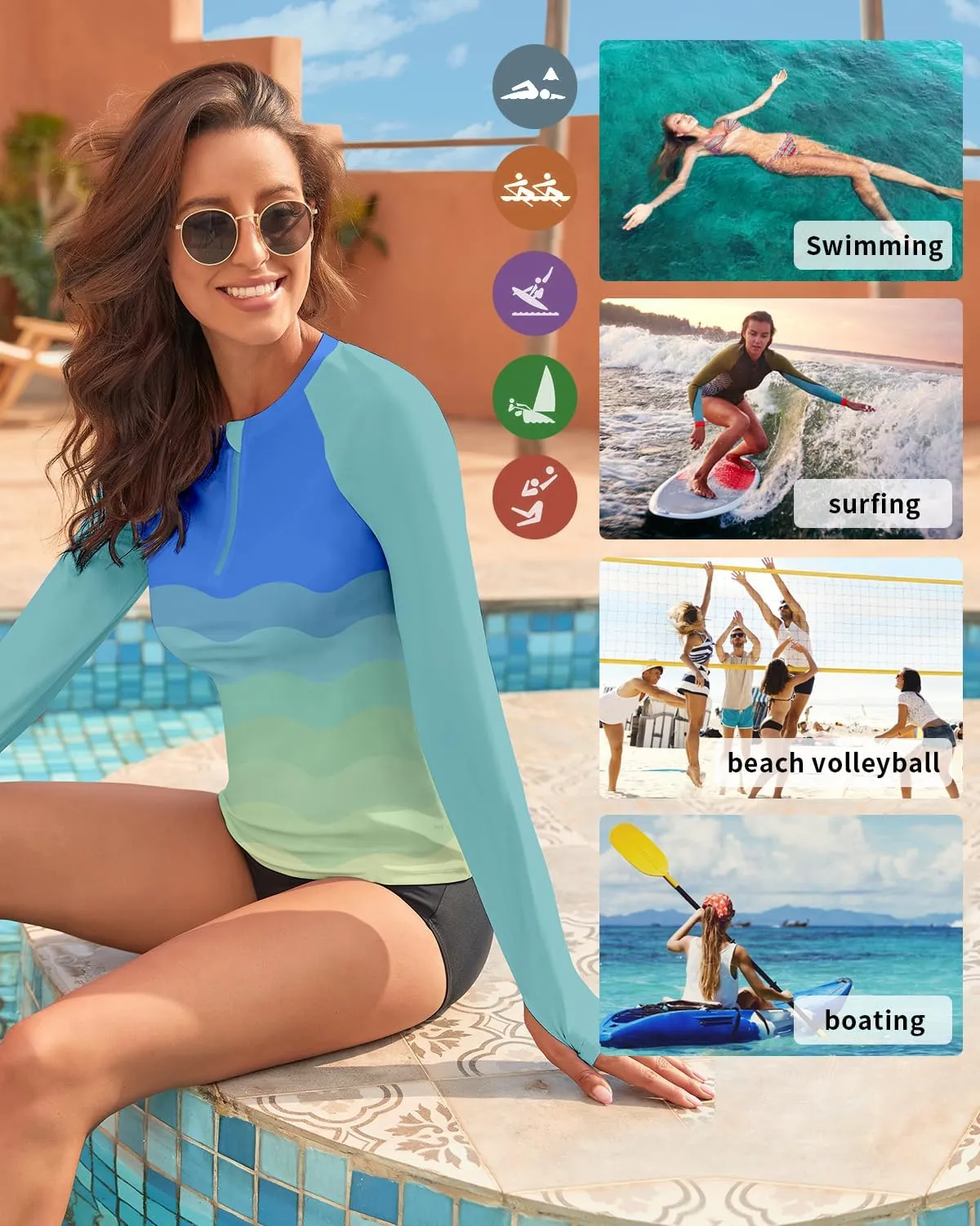 WOWENY Women's Rash Guard UPF 50  Long Sleeve Swim Shirts Thumb Holes UV Sun Protection Bathing Suit Swimsuit No Bottoms&Bras