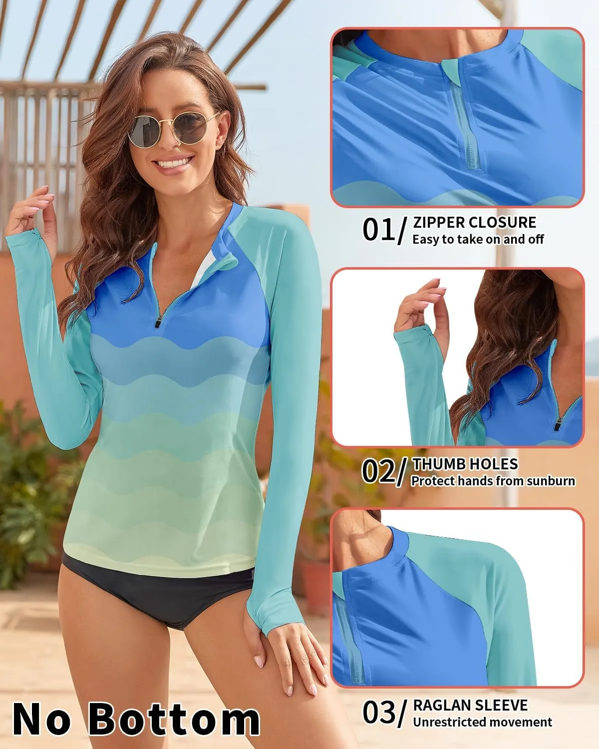 WOWENY Women's Rash Guard UPF 50  Long Sleeve Swim Shirts Thumb Holes UV Sun Protection Bathing Suit Swimsuit No Bottoms&Bras